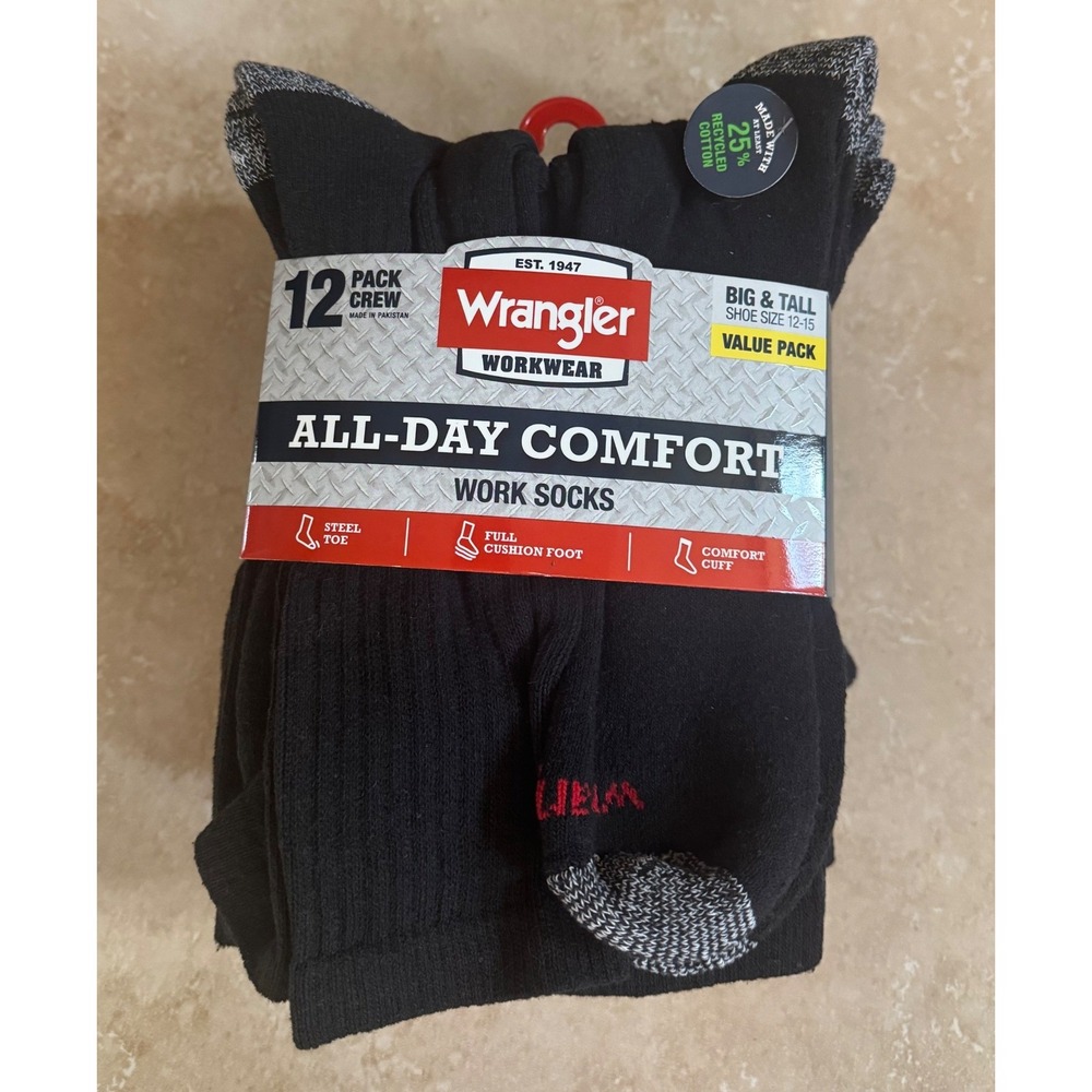 Wrangler Work Socks Men 12-15 Black Crew All-Day Comfort 12 Pack Big & Tall NEW